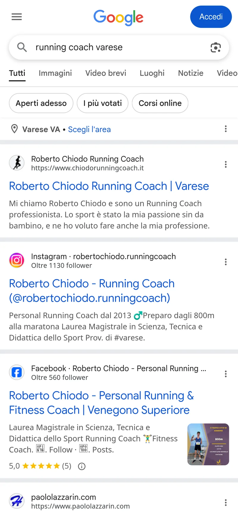 Screenshot query running coach varese